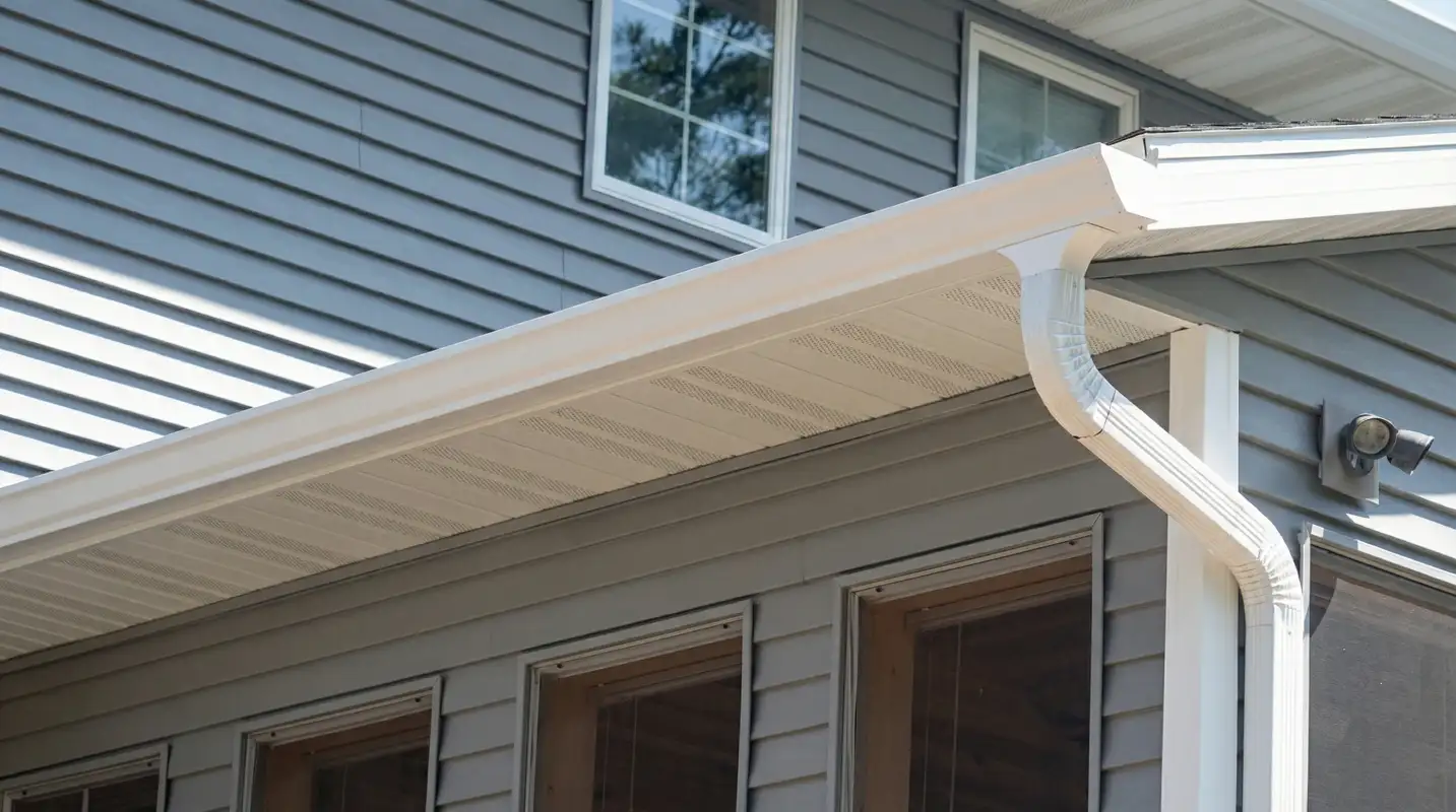 Professional home remodeling project showing newly installed white seamless gutters and downspouts on a house with gray siding in Worcester, MA