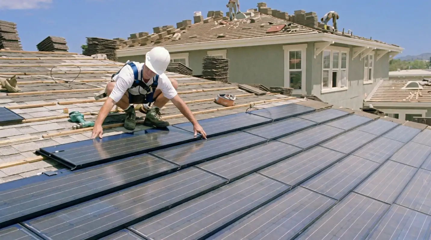 Roof replacement expert installing modern solar shingles on a residential home in Worcester, MA