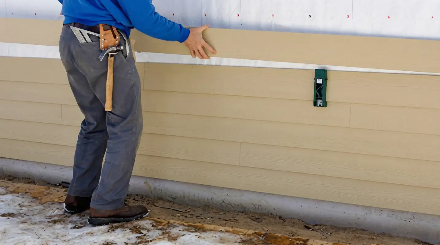 Siding replacement expert carefully aligning a new tan siding panel onto a residential exterior wall in Worcester, MA