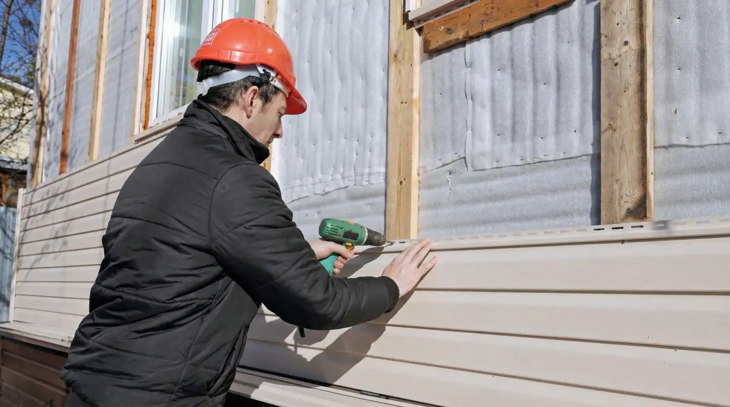 Siding replacement professional using a power drill to install new tan vinyl siding on a home exterior in Worcester, MA