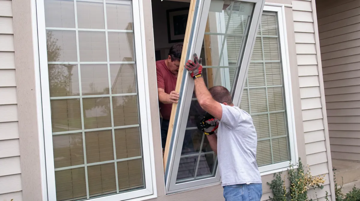 Professional home remodeling team installing a large replacement window on a house with tan siding in Worcester, MA