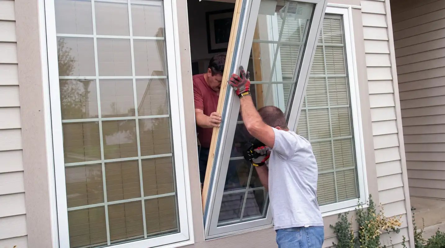 Professional home remodeling team installing a large replacement window on a house with tan siding in Worcester, MA